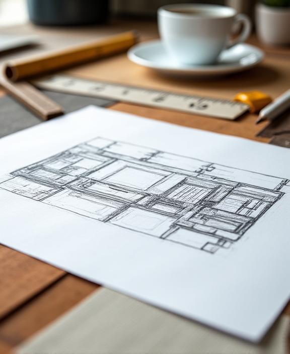 Boceto a mano de un diseño de interior sobre una mesa con muestras de materiales.