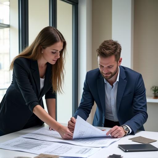 Dos personas en una reunión de consulta de diseño discutiendo planos.