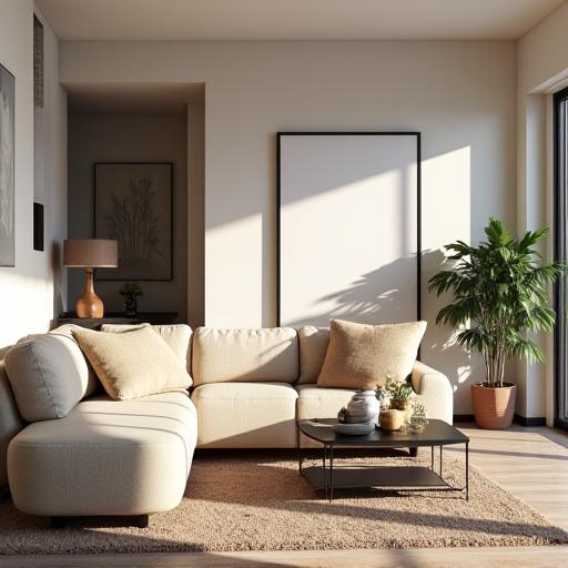 Render 3D de un concepto de sala de estar.