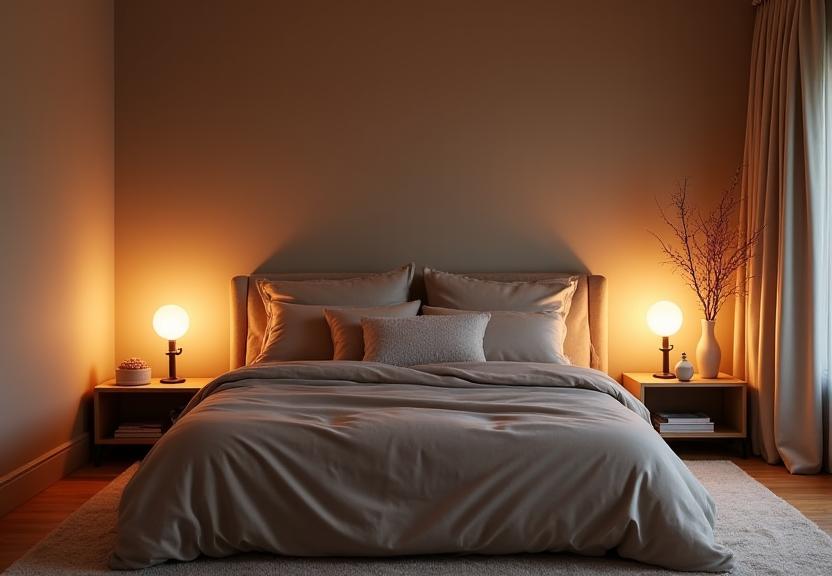 Dormitorio principal con iluminación cálida y texturas suaves.
