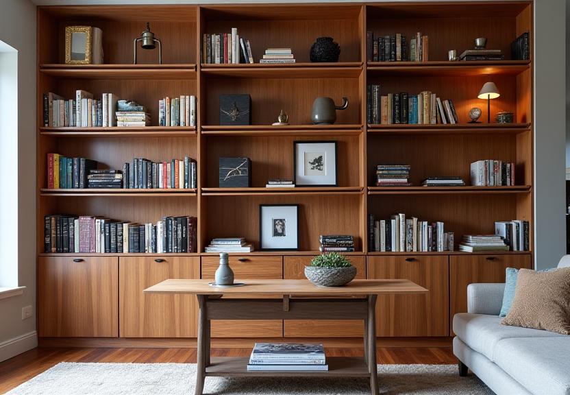 Librería de diseño a medida que ocupa toda una pared, llena de libros y objetos decorativos.